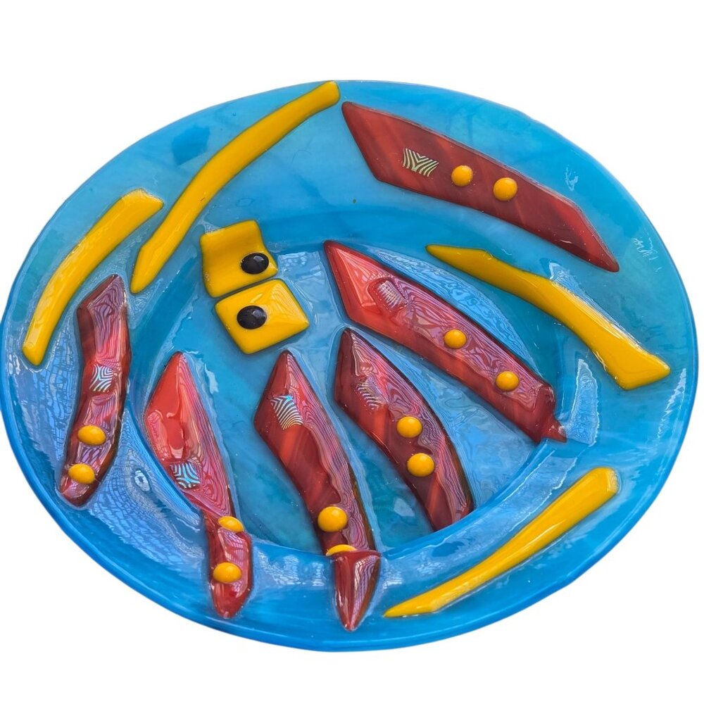 Handmade Blue Fused Glass Decorative Plate Dish Red Yellow Abstract Design